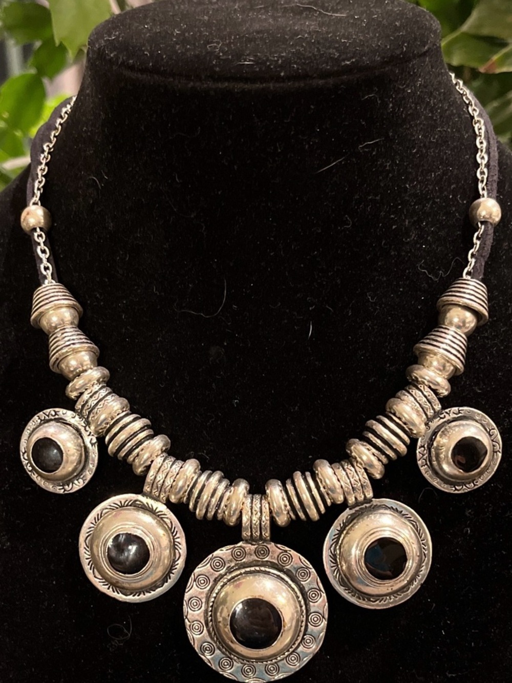 Vintage Statement Black and Silver Pendant Necklace - Women Jewelry